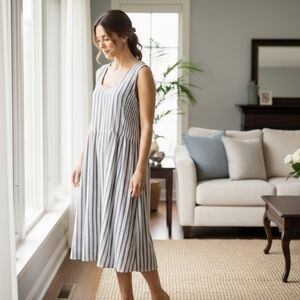 In Every Story Linen Blend Striped Midi Dress Smocked Sides Lined SZ 20